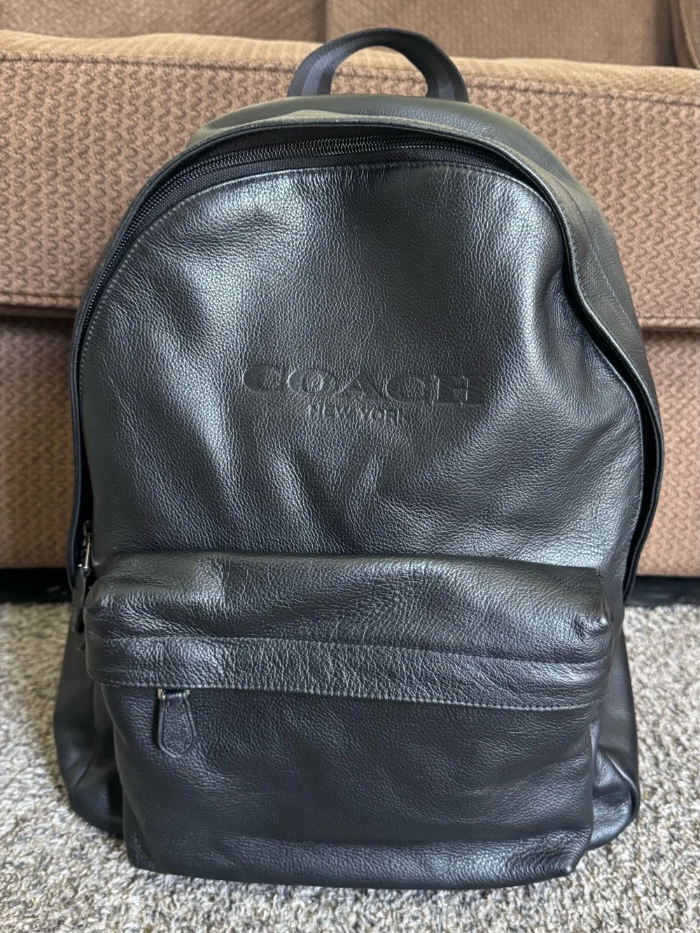 Coach Black Leather Backpack with Front Zip Pocket
